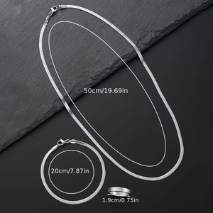 Detailed sizes for stainless steel snake chain jewelry set including necklace and bracelet