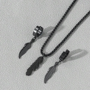 Minimalist Stainless Steel Feather Necklace Hoop Earrings For Men Unisex Punk Gothic Matte Black Pendant Jewelry Gift