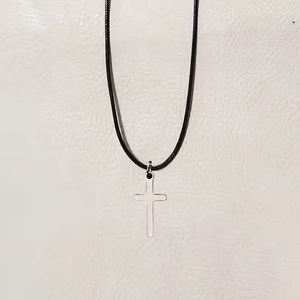 Gothic braided PU leather cord necklace with minimalist silver cross pendant for daily wear