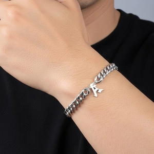 Unisex Stainless Steel Gothic Initial Letter Cuban Link Bracelet Mirror Polished Silver Hip Hop Street Style Chain Jewelry