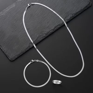Three-piece stainless steel snake chain jewelry set with necklace, bracelet and ring