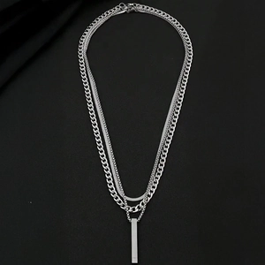 Layered stainless steel Cuban and snake chain necklace with rectangular bar pendant