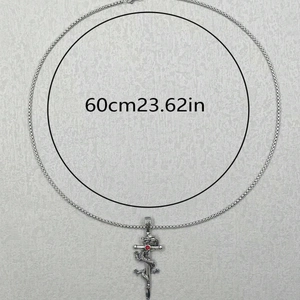 Silver dragon sword necklace with red gemstone eye and 60cm pearl chain pendant