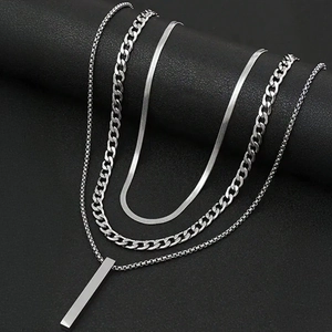 Minimalist Stainless Steel Layered Necklace Set For Men Women Polished Cuban Snake Chain Long Bar Pendant Silver Tone Jewelry