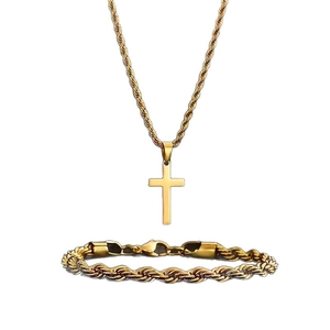 Parure de bijoux en acier doré avec collier pendentif croix et bracelet torsadé