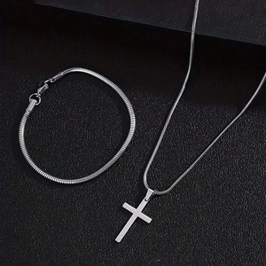 Ensemble bijoux en acier inoxydable avec collier pendentif croix et bracelet serpent