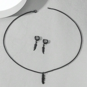 3-piece men's black feather jewelry set with necklace and matching hoop earrings