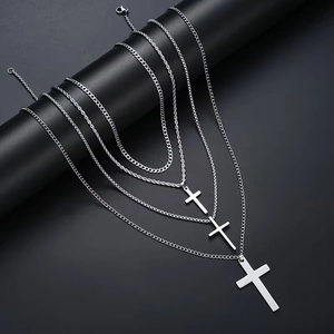 Men Stainless Steel Cross Pendant Necklace Collection Hip Hop Multi-layer Silver Chains Jewelry For Men Women Daily Accessory