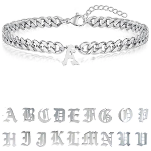 Silver Cuban chain bracelet with Gothic letter A pendant and lobster clasp detail