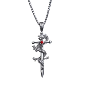 Chinese dragon sword pendant with red gemstone on stainless steel box chain necklace