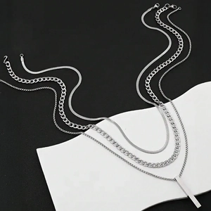Men's layered stainless steel Cuban and snake chain set with minimalist bar pendant