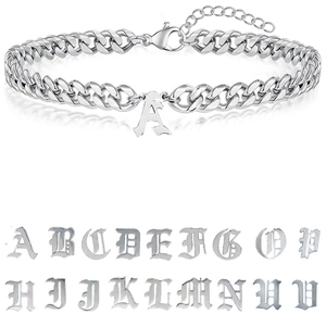 Silver Cuban chain bracelet featuring gothic initial pendants and adjustable lobster clasp