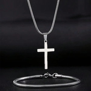 Ensemble collier pendentif croix et bracelet chaîne serpent en acier inoxydable poli