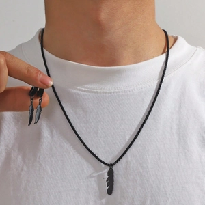 3-piece men's black plated feather jewelry set with necklace and hoop earrings