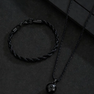 Ensemble collier avec pendentif football et bracelet tressé en acier inoxydable noir