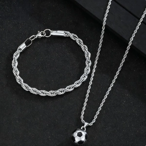 Ensemble collier et bracelet de football en acier inoxydable argenté avec chaîne corde