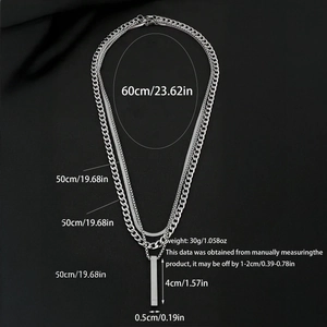 Triple layer stainless steel necklace featuring Cuban and snake chains with bar pendant