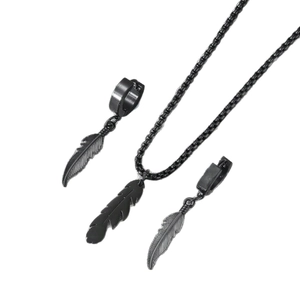 3-piece men's black plated jewelry set featuring detailed feather pendant and earrings
