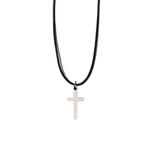 Gothic woven PU leather cord necklace featuring a polished silver cross pendant