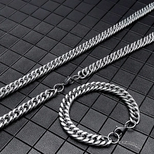 Parure de Bijoux en Acier Inoxydable Maille Gourmette pour Homme Femme Hip Hop Argent Collier et Bracelet Set