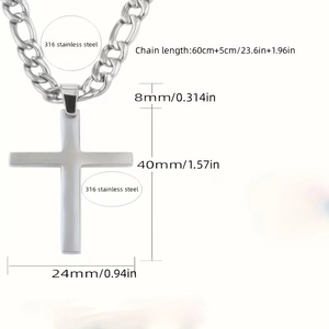 Silver 316 stainless steel cross necklace with curb chain and detailed size markings