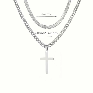 Silver stainless steel snake and curb chain layered necklace with cross pendant
