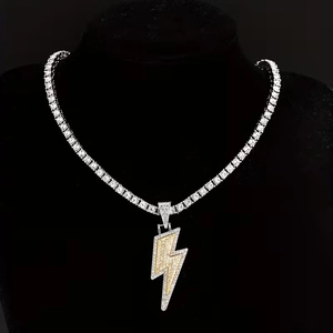 Hip Hop Two-Tone Lightning Bolt Pendant Necklace Copper Alloy Rhinestone Tennis Chain Streetwear Jewelry For Men Women