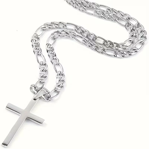 Men's 316 Stainless Steel Cross Pendant Necklace Simple Hip Hop Figaro Chain Silver Tone Trendy Religious Jewelry Gift