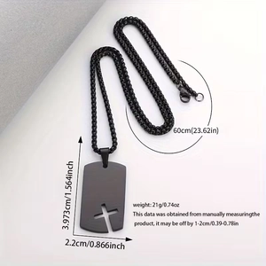 Detail of black stainless steel cross pendant necklace with measurements and dimensions