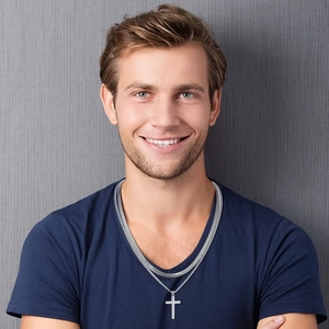 Men's silver stainless steel double-layer necklace set with cross pendant and snake chain