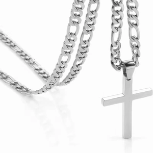 Polished silver stainless steel cross pendant on a classic Figaro chain necklace