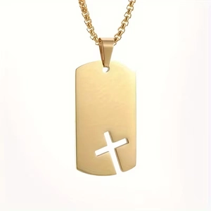 Golden stainless steel necklace featuring a hollow cross rectangular pendant and box chain