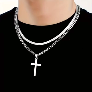Double-layer stainless steel snake and Cuban chain necklace with cross pendant for men