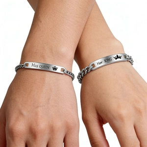 Couples stainless steel cuban chain bracelets with His King and Her Queen engravings