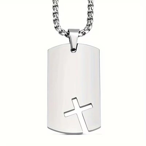 Brushed stainless steel dog tag necklace with cutout cross pendant on silver chain