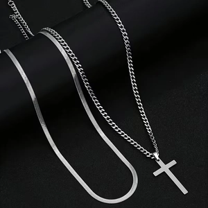 Stainless Steel Double Layer Necklace Set For Men Women Vintage Herringbone Snake Chain And Cuban Link Chain With Cross Pendant Jewelry Gift