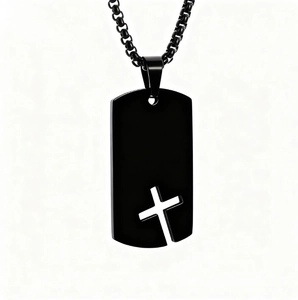 Fashionable black stainless steel dog tag necklace with a cutout cross pendant for men