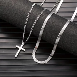 Stainless Steel Cross Pendant Necklace Distressed Snake Chain Jewelry For Men Silver Black Combination Daily Wear Party Gift