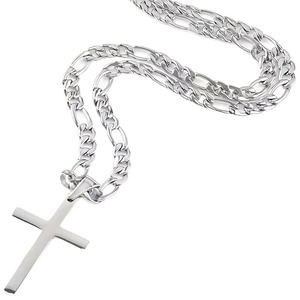 Minimalist silver steel cross pendant on a polished Figaro chain for men