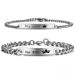 Matching silver couple bracelets with Her King and His Queen engraved metal plates