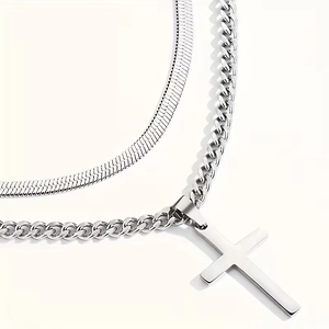 Silver stainless steel layered necklace set with flat snake chain and minimalist cross pendant