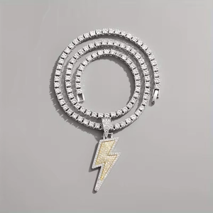 Hip-hop tennis chain with iced-out lightning bolt pendant in gold and silver finish