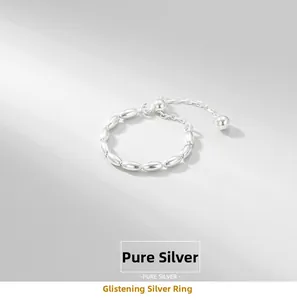 Detailed close-up of S925 pure silver chain ring featuring beaded links and a ball pendant