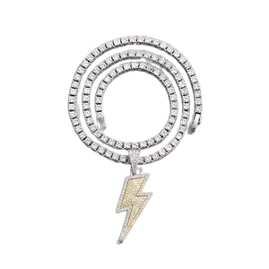 Hip hop tennis chain necklace with two-tone lightning bolt pendant and zircon stones