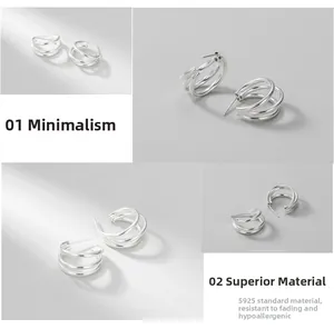 Macro detail of minimalist S925 sterling silver triple hoop earrings with polished finish