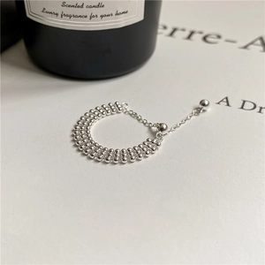 Sparkling S925 sterling silver triple row bead stretch ring with adjustable chain pendant