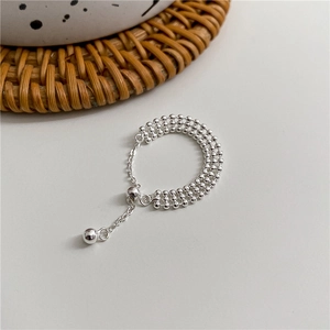 S925 Sterling Silver Triple Layer Circular Beads Stretchable Chain Ring For Women Glistening Stackable Adjustable Finger Jewelry