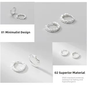 Detail of S925 sterling silver hoop earrings with geometric diamond-cut textured facets