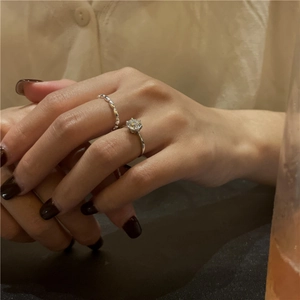 S925 sterling silver beaded stackable ring set with classic six-prong solitaire zircon on model