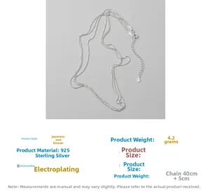 Détail macro du collier en argent 925 avec perles, dimensions et poids de 4,2 g
